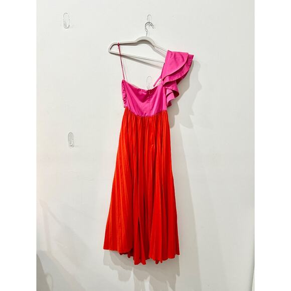 AMUR Cleopatra Colorblock Pleated Asymmetrical A-Line Maxi Dress Pink / Orange 4 - Picture 4 of 6